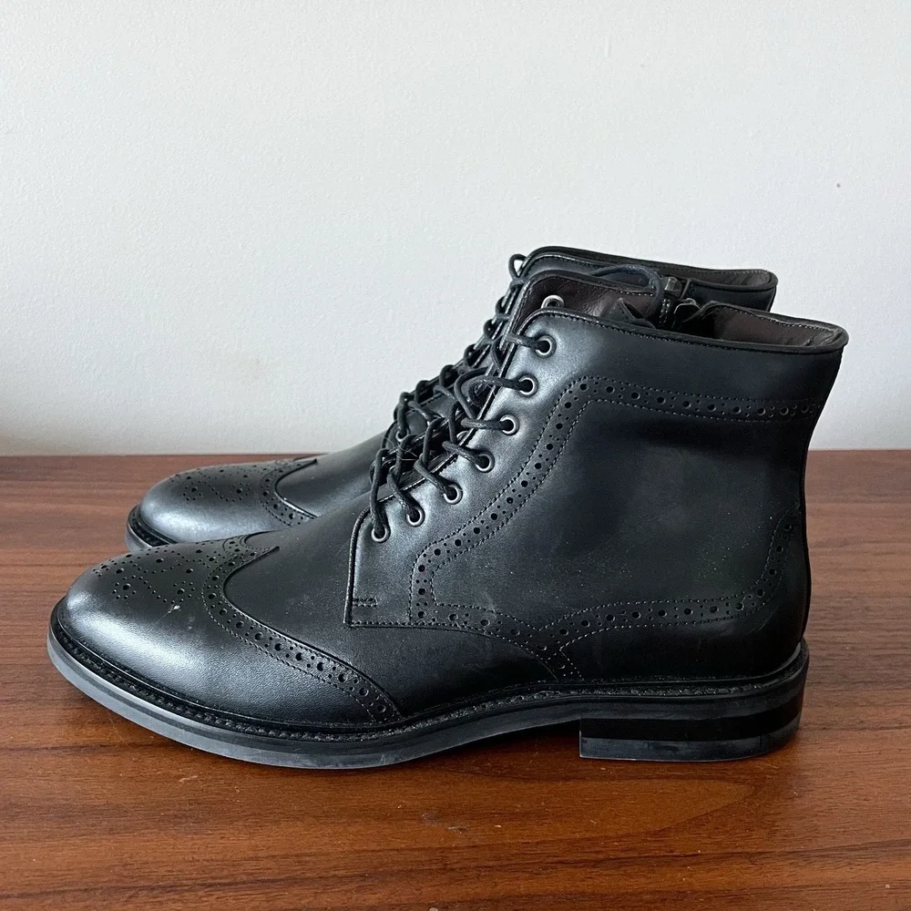 Flag Ltd Wingtip Ankle Boots Black Leather Lace Up Mens 11.5 M‎
